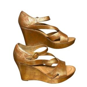 Born Crown Metallic Leather Bronze Orange Wedge Sandals Open Toe Heels Sz 11‎